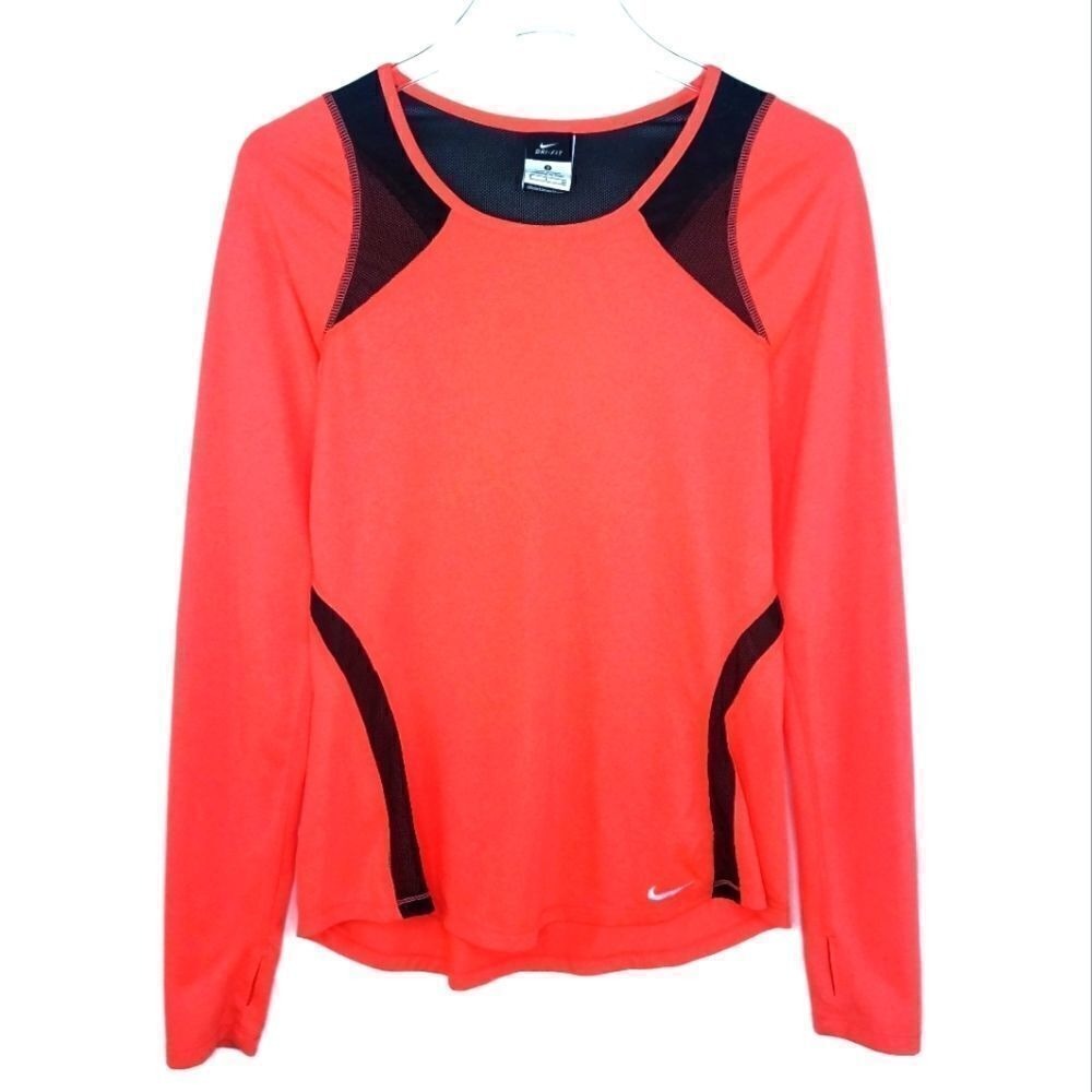 Nike Dri-FIT Womens Long Sleeve Running Top Mesh Panels Thumbholes Orange Small